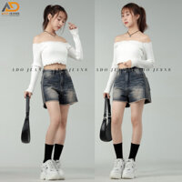 Quần short jean nữ viền sọc lai tua rua cạp cao, Quần đùi short ông rộng phong cách Hàn Quốc(3 sọc)