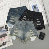 Quần Short Jean Nữ Wash Line Style Hàn Quốc Cá Tính, Quần Sooc Bò Rách Tua Rua Túi Thò Đính Đá QS003 Jjumie