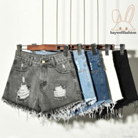 Quần Short Jean Rách Cạp Cao Cho Nữ