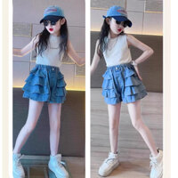 Quần short jeans bé gái MOON KIDS, quần đùi jeans phong cách Hàn. Quần đùi giả váy siêu cute màu jean cá tính