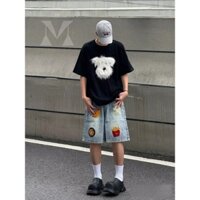 Quần Short Jeans Denim Vintage Họa Tiết Thêu Sticker, Phong Cách Retro Cổ Điển Đường Phố