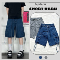 Quần Short Jeans HARU LỬNG TÚI HỘP PHỐI DÂY 2 Màu Xám/Xanh đậm From Rộng Cho Nam Và Nữ Brand Jaystoree