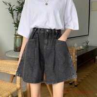 Quần Short Jeans Lưng Cao Ống Rộng Cá Tính Cho Nữ