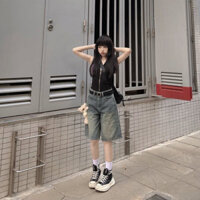 Quần Short Jeans lửng wash cạp thấp ống rộng nữ, Quần jeans unisex siêu xinh siêu sang chảnh N 69