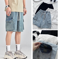 Quần Short Jeans ngắn Sooc Túi hộp đùi chất Jean Nam cao cấp có cạp chun dây rút co dãn FABUMAN