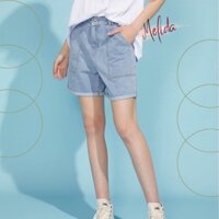 Quần short jeans nữ cạp cao chất vải dày dặn màu xanh denim