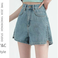 Quần Short Jeans Nữ , Quần Đùi Nữ Xẻ Gấu Màu Xanh Denim Phong Cách Basic L00006
