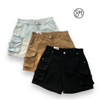 QUẦN SHORT JEANS QUẦN ĐÙI TÚI HỘP PHỐI DÂY FORM ỐNG RỘNG UNISEX NAM NỮ (hình chụp thật)