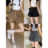 Quần short Lovito có dây rút màu trơn phong cách thường ngày cho nữ LNA53033