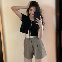Quần short màu nâu cho nữ, bộ đồ cạp cao dáng rộng, quần ống rộng chữ A