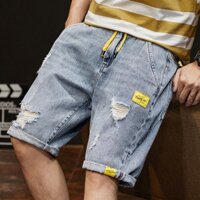 Quần short nam jean Bigsize Quần đùi ngố cạp chun lưng thun rách màu xanh Phong cách Hàn Quốc Thời Trang cao cấp đẹp