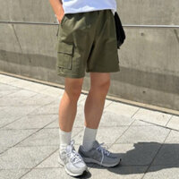 Quần short nam túi hộp unisex Kaki Cotton lưng bo chun có dây rút xuất khẩu Hàn