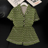 Quần short ngắn tay chấm bi màu xanh ô liu tại nhà váy giả lụa bộ đồ ngủ