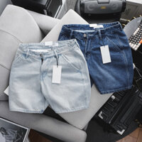 Quần short ngố jean nam cotton ống suông rộng trên gối màu bạc xanh VNXK xịn