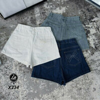 Quần short nữ jean kaki cạp cao thêu nơ chỉ trắng nhìu màu Lê Huy Fashion MS X234