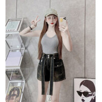 Quần short nữ jean MELAJEAN ( tặng kèm đai) quần rin đùi túi hộp 2 khuy cạp cao màu đen ánh rêu size S M L 6135