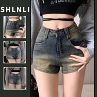 Quần short nữ lưng cao phong cách đường phố cổ điển Quần jean xanh phong cách Hàn Quốc cho mùa hè