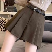 Quần short nữ Quần short len màu nâu dành cho nữ 2024 mới mùa thu đông mặc ngoài quần bốt cạp cao xếp li Quần ngắn ống rộng
