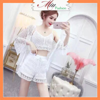 Quần short nữ ren hoa đan móc cạp chun đi biển MS608