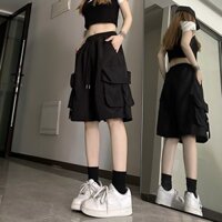 Quần short thể thao đẹp trai màu đen phong cách Hồng Kông mùa hè mẫu mỏng Nam Nữ rộng rãi ỐNg RộNg ống đứng quần đi làm