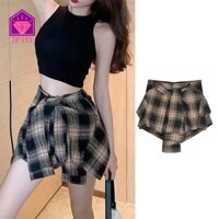 Quần Short váy kẻ sọc buộc dây mùa hè CABEZA, Váy ngắn kẻ sọc hai mảnh eo cao không đều, Quần nóng thời trang ngắn mỏng dành cho nữ Quần Short ca rô ngày lễ
