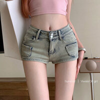Quần siêu ngắn denim cổ điển co giãn Jiashucheng trang phục nữ quần bó sát cạp thấp HOT MÙA HÈ quần ống rộng ống đứng
