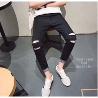 Quần Skinny Jeans Nam Màu Đen Rách Gối, Quần bò đen Nam ôm côn co giãn có BIGSIZE