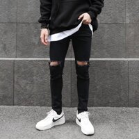 Quần Skinny Jeans Nam-Màu Đen-Kiểu Rách Gối Lớn-Chất Liệu Cotton Co Giãn-Ống Đứng Dáng-Ống Ôm Chân Chuẩn Skinny