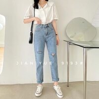 Quần Slim Baggy Jean Rách Sole Xẻ Gối Ulzzang Lưng Cao nữ