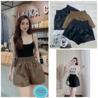 Quần sooc da nữ cạp chun dáng xòe cao cấp