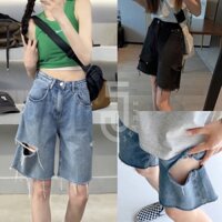 Quần sooc jean lửng rách đùi JEANIE quần bò ngố cạp cao rách hông