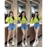 Quần sooc jean Nữ - Quần bò Nữ Lưng Cao Túi Dài Phong Cách steen