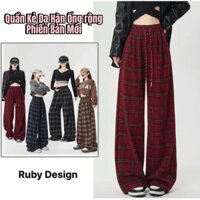 Quần suông nữ, quần cạp chun lưng cao CARO ống rộng chất dạ mới màu đỏ đen, xanh đi học đi chơi - RUBY