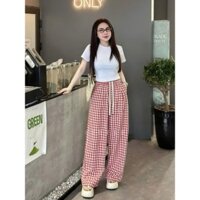 Quần Suông Ống Rộng Kẻ Caro Nữ Lưng Cao, Quần Ống Đứng Cạp Chun Dây Rút Chất Thô Vải Mềm Mịn, Mặc Mùa Hè Mát, Siêu Đẹp