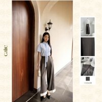 Quần suông ống rộng xếp ly lớn áo sơ mi cộc tay lơ v có nơ buộc CALIE -  QX040 AS293 QX030