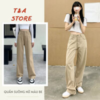 Quần suôngnữ màu vàng kem (be), Quần kaki jean ống rộng đứng cạp cao ULZZANG4 size SMLXL