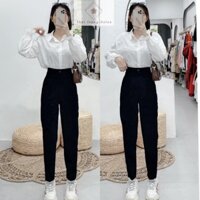 Quần tây baggy nữ đi học cạp lưng cao màu xanh đen dáng dài kèm đai - Quần vải nữ học sinh cấp 2 3 cạp cao ống đứng mềm