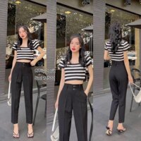 Quần tây dài nữ vải cotton 2 nút lưng cao màu đen có size đại