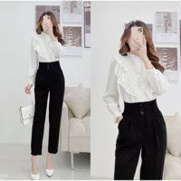 Quần tây dáng dài nữ form đứng lưng cao 3 nút màu đen