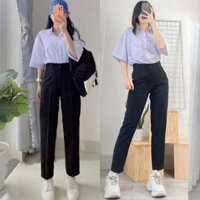 Quần tây đen đi học nữ cạp có đai lưng cao màu đen dáng dài ống đứng Quần vải học sinh nữ chất dày phối áo sơ mi đi học