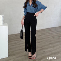 Quần tây đen ống loe xẻ trước chất tuyết mưa Q829