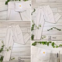Quần tây màu kem, hoa daisy thêu thủ công