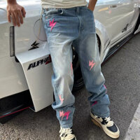 Quần tây nam AOKONG giặt quần jean dáng rộng in hình tia chớp cổ điển kiểu Mỹ