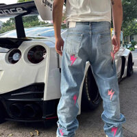 Quần tây nam LIVE GREA giặt quần jean dáng rộng in hình tia chớp cổ điển kiểu Mỹ