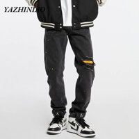 Quần tây nam YAZHINIAO xu hướng cổ điển Mỹ thiết kế dáng rộng cảm giác đường phố sơn lỗ vá quần jean nam.