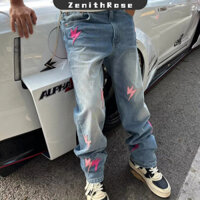Quần tây nam ZenithRose giặt quần jean dáng rộng in hình tia chớp cổ điển kiểu Mỹ