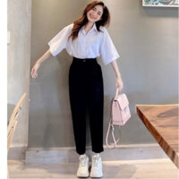 Quần tây nữ đi học lưng cao dáng dài cạp có đai ống đứng màu Xanh đen vải mềm Quần vải baggy nữ học sinh đi làm công sở