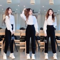 Quần tây nữ lưng cao công sở dáng dài ống đứng màu xanh đen vải dày mền - dáng baggy nữ cạp cao công sở học sinh đều đẹp
