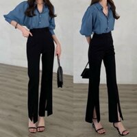 Quần tây ống loe xẻ gấu cạp cao tôn dáng màu đen - Quần ống loe xẻ tà lưng cao ống vẩy cá đính điệu công sở nữ đẹp
