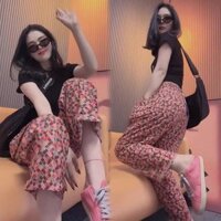 Quần thẳng hoa vintage châu Âu cho phụ nữ, quần mùa hè rộng rãi, giảm cân, thời trang trẻ trung, quần thể thao